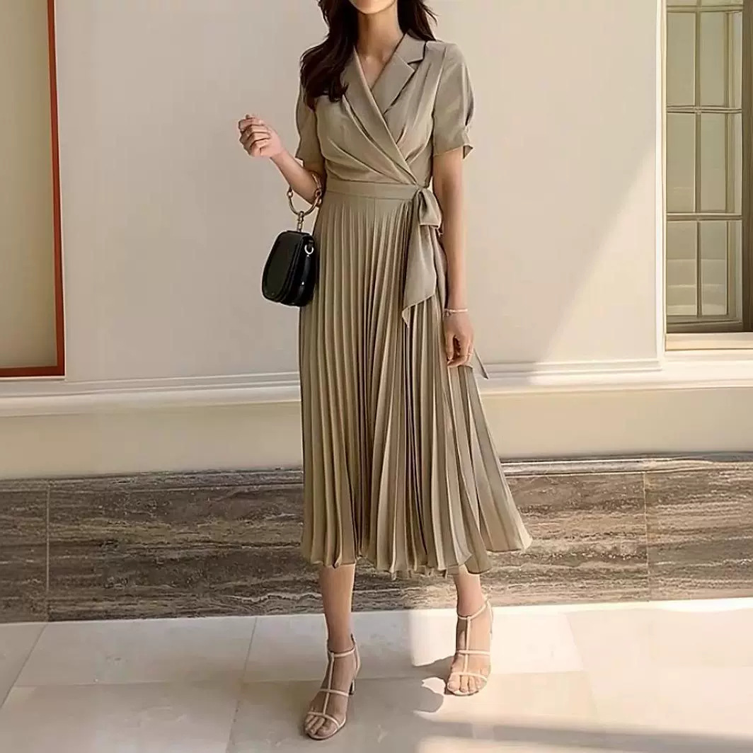 French over-knee bow strap medium and long high-waisted pleated chiffon retro dress image 2