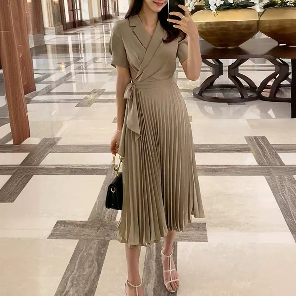 French over-knee bow strap medium and long high-waisted pleated chiffon retro dress image 3