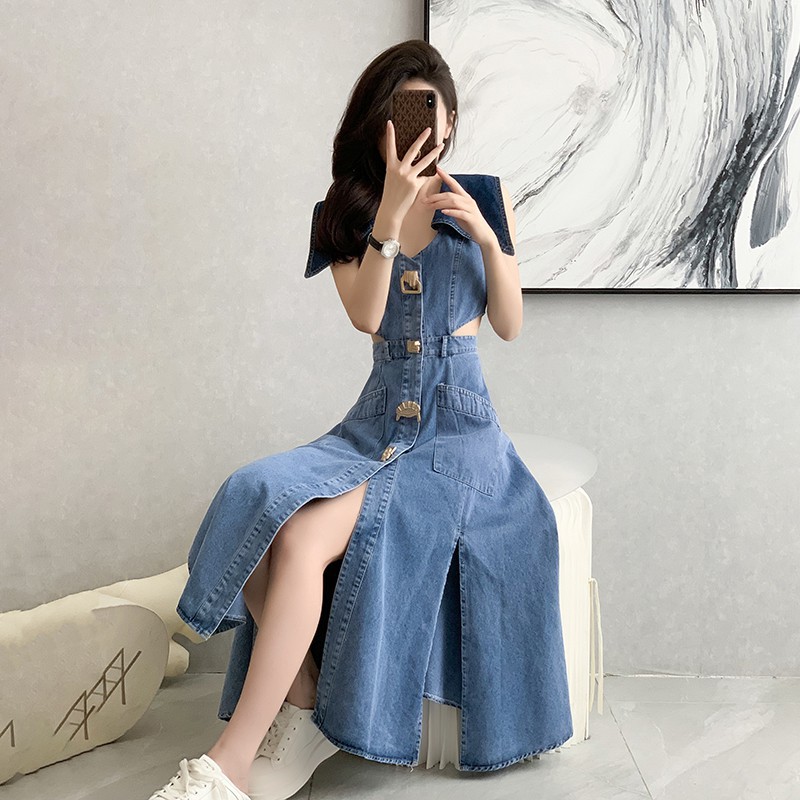 Contrast color large lapel waist slit denim A-shaped skirt image 2